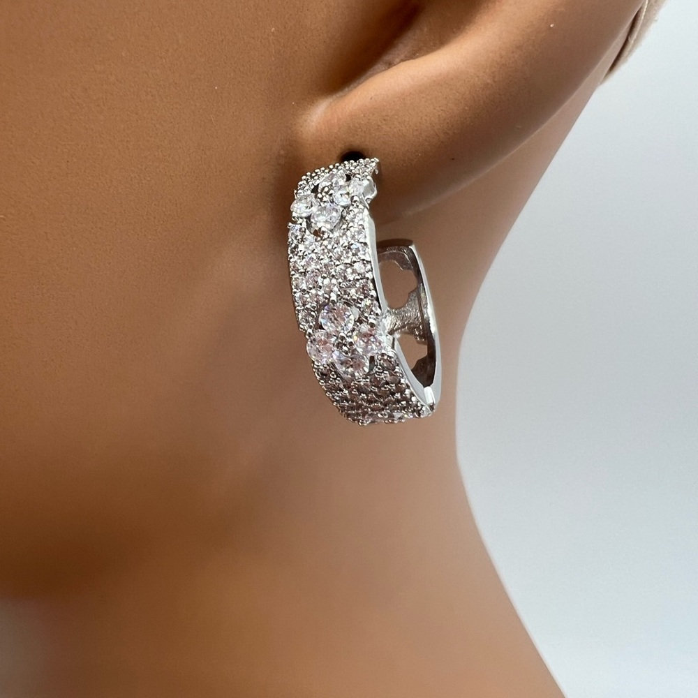 CZ SILVER FLORET HOOP EARRINGS - Picture 6 of 6